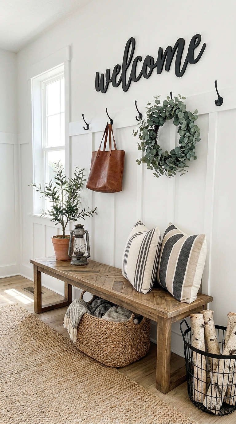 vestiaire blanc banc bois paniers