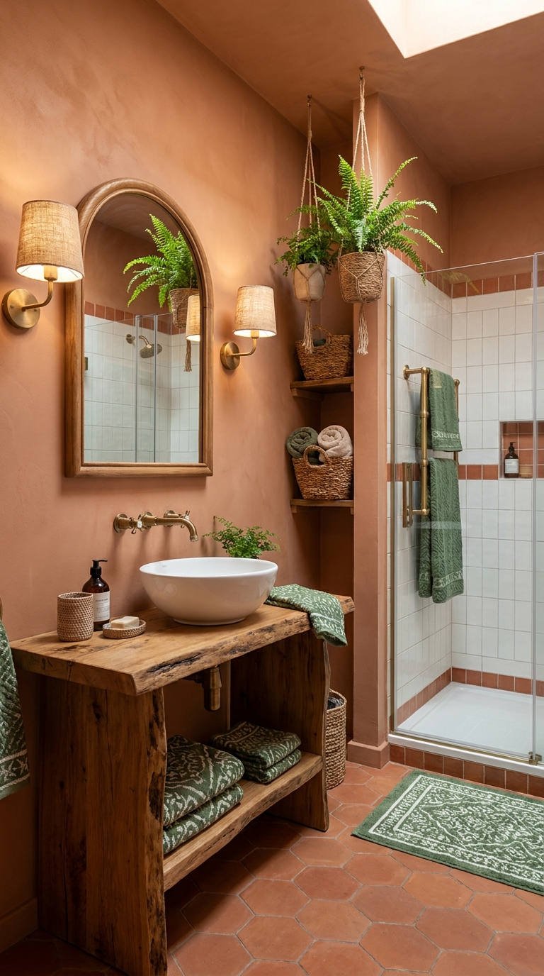 salle bain boheme terracotta plantes