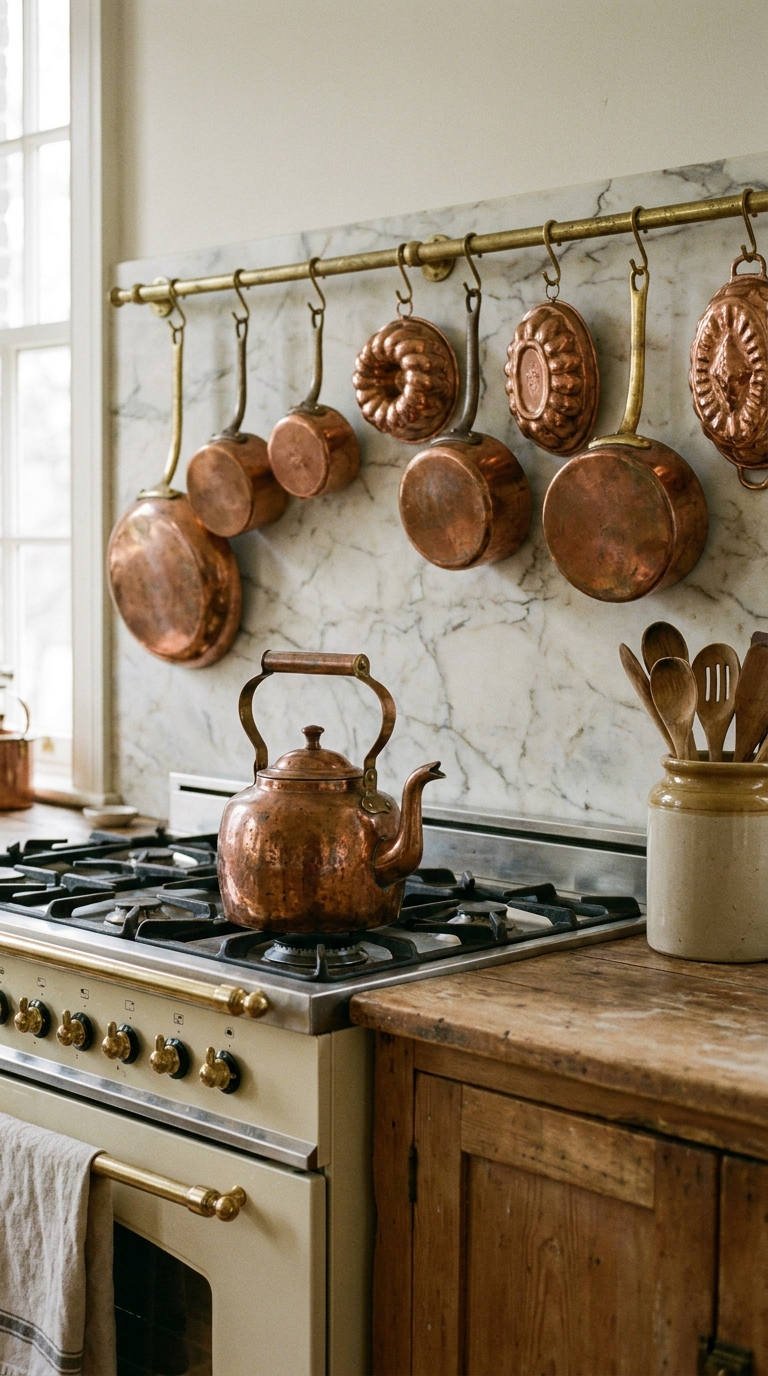 cuivre suspendu marbre cuisine