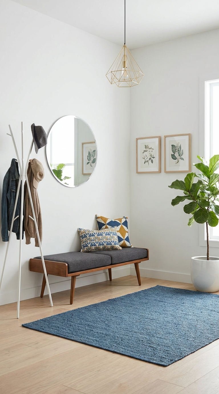 entree minimaliste banc bleu plante