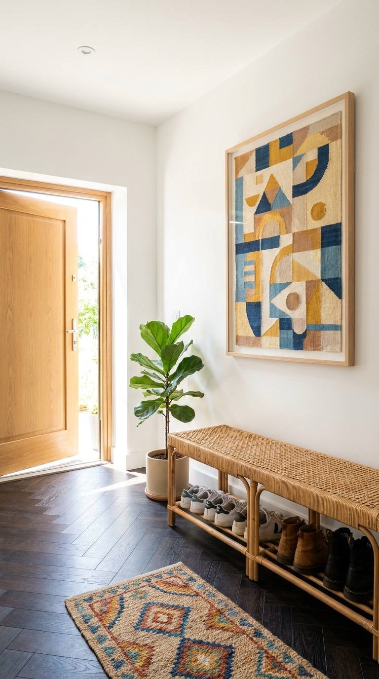 banc rotin affiche geometrique entree