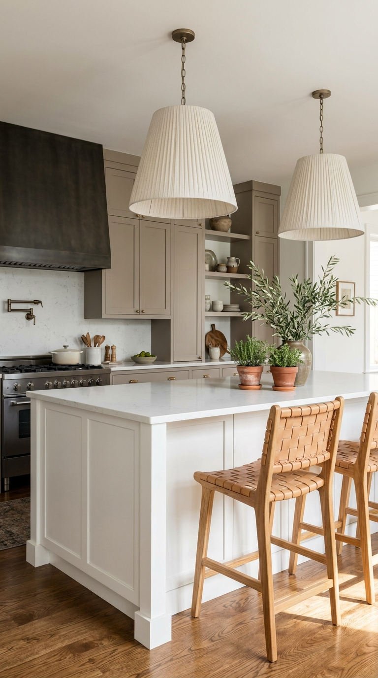 ilot blanc tabourets tresses suspensions