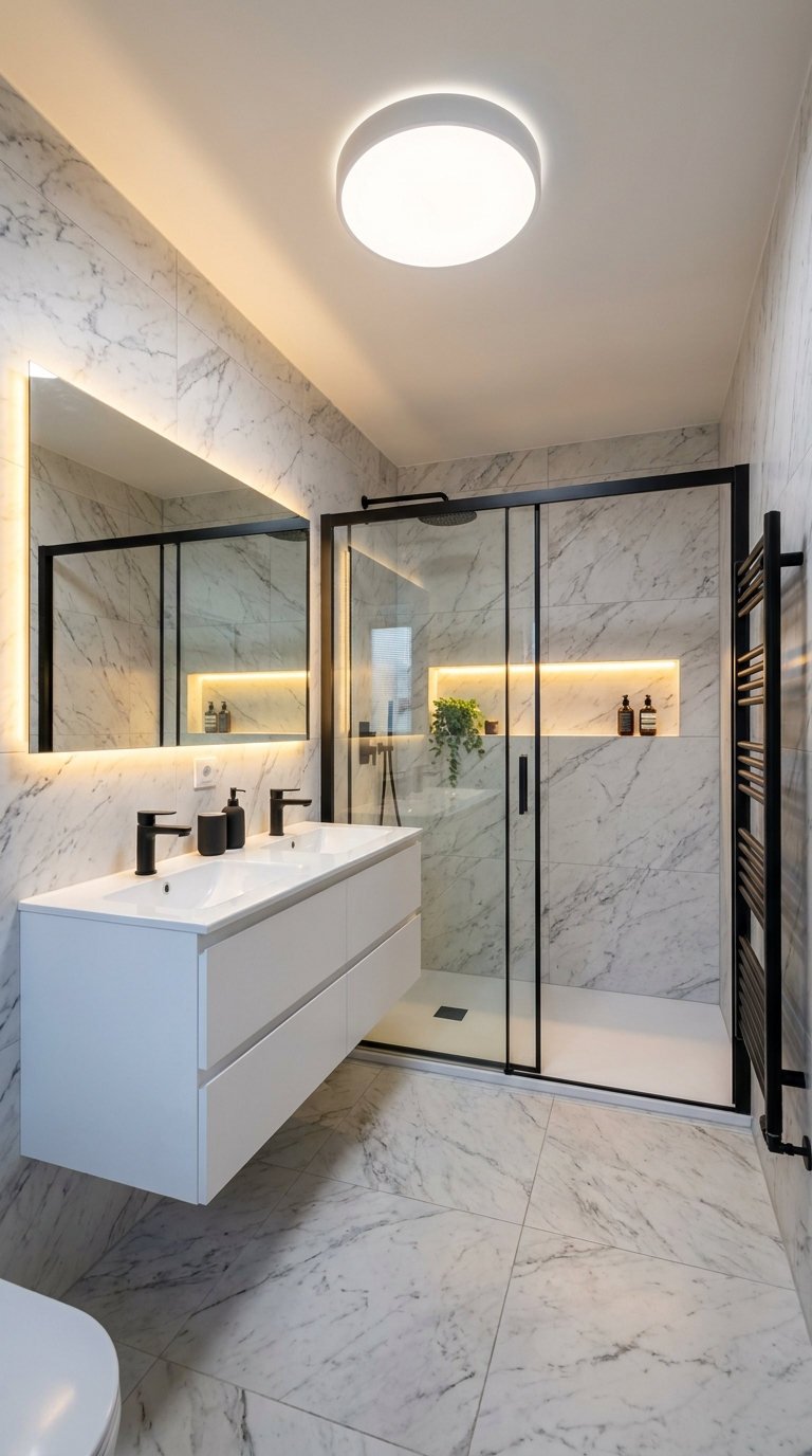 marbre blanc douche noire