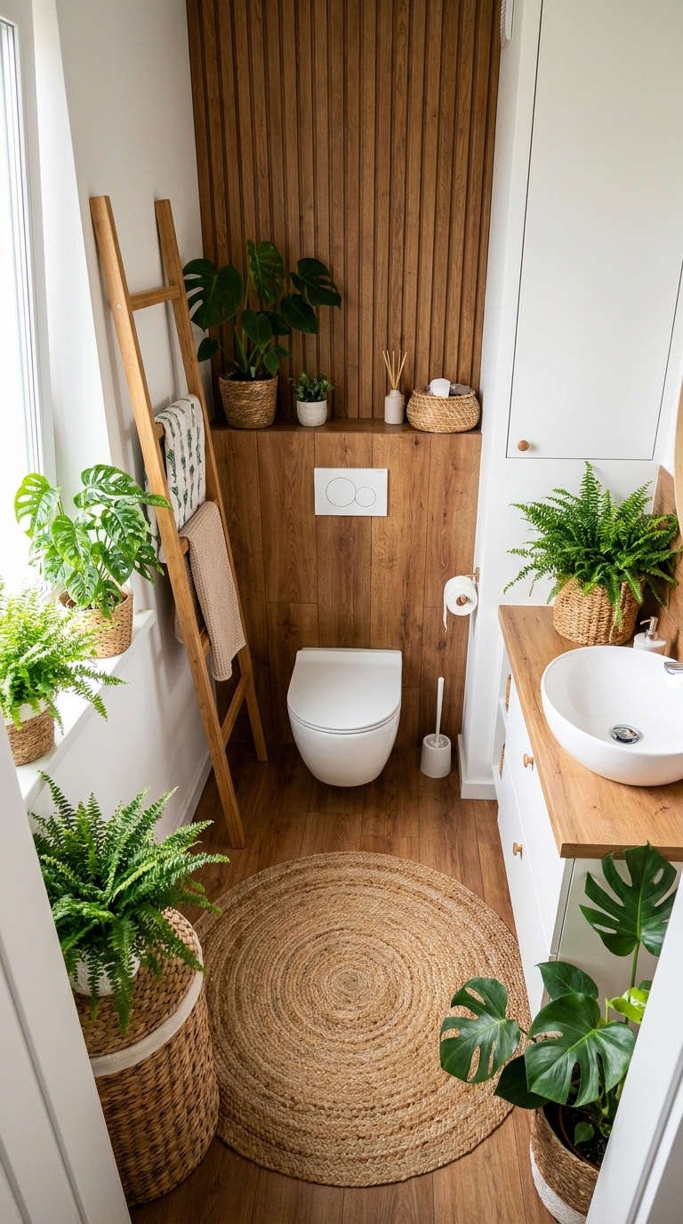 petite salle bain bois plantes
