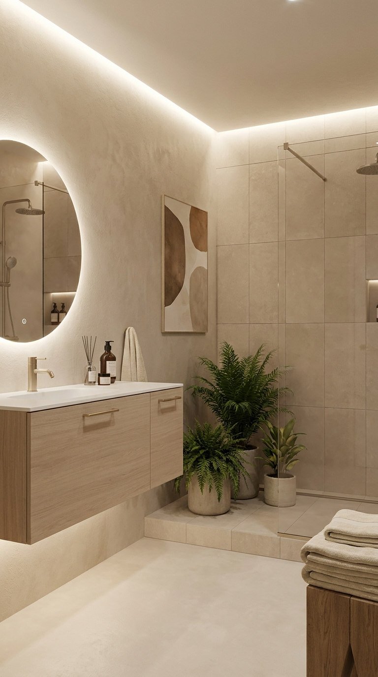 salle bain beige miroir rond plantes