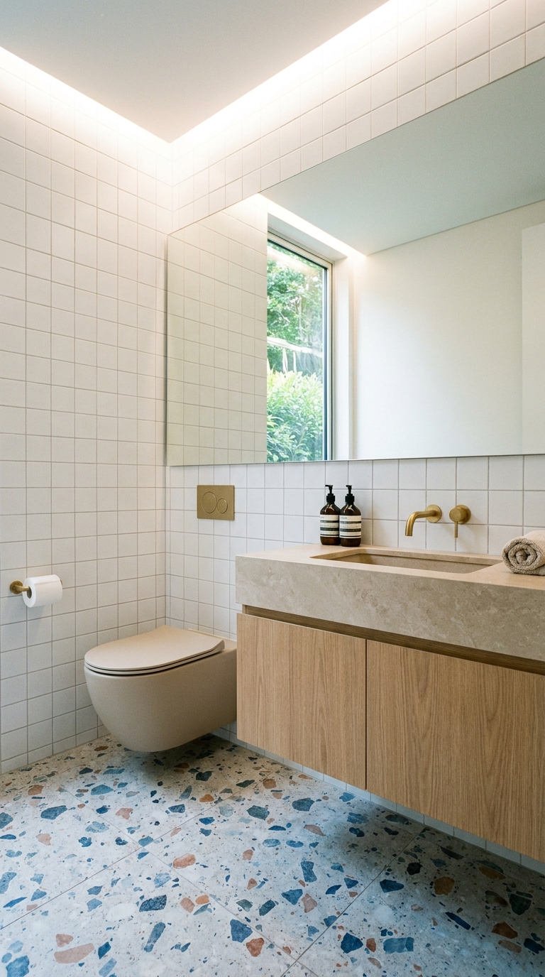 petite salle bain terrazzo bois
