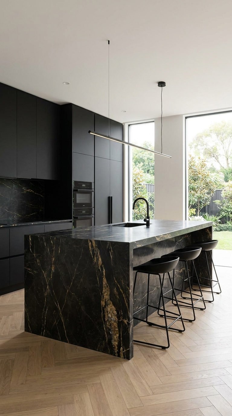 ilot marbre noir veines dorees