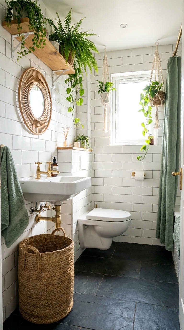 petite salle bain boheme plantes