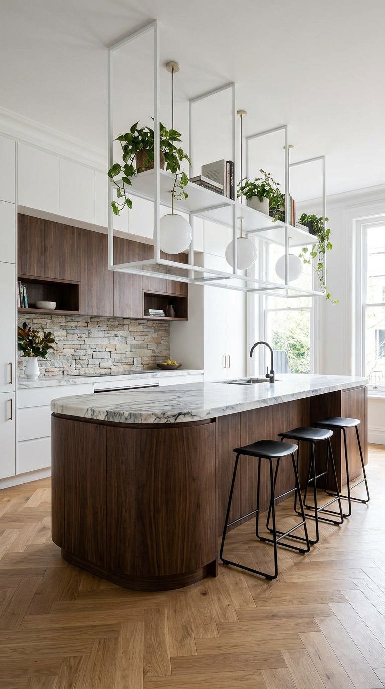 ilot bois marbre etagere suspendue