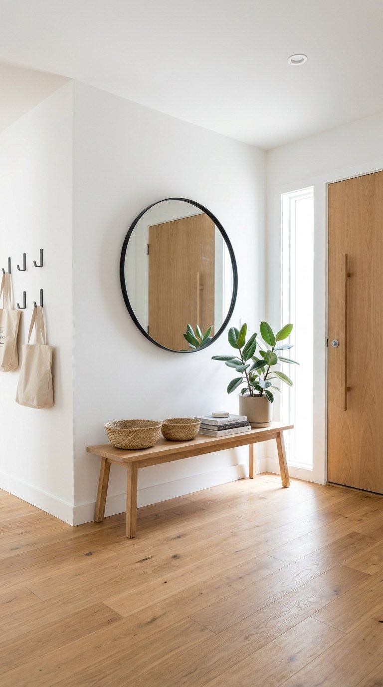 miroir rond banc bois entree