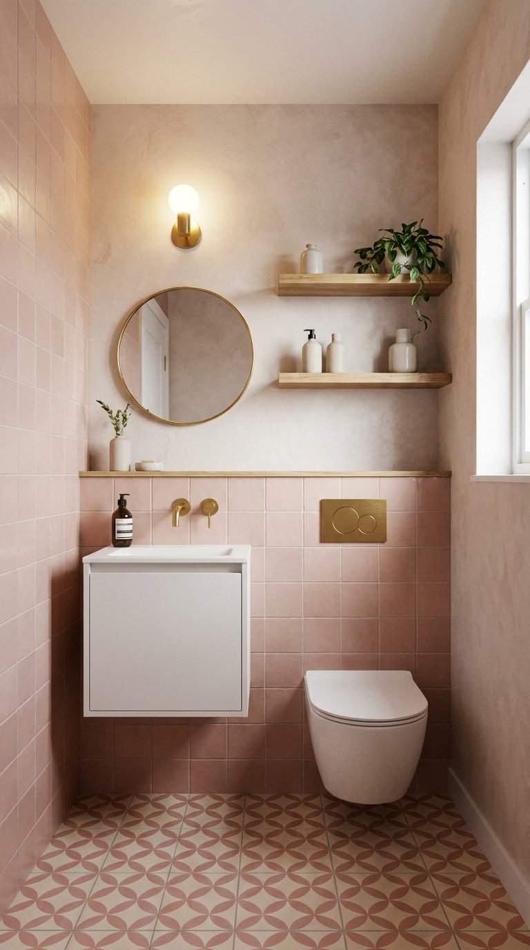 petite salle bain rose carrelage