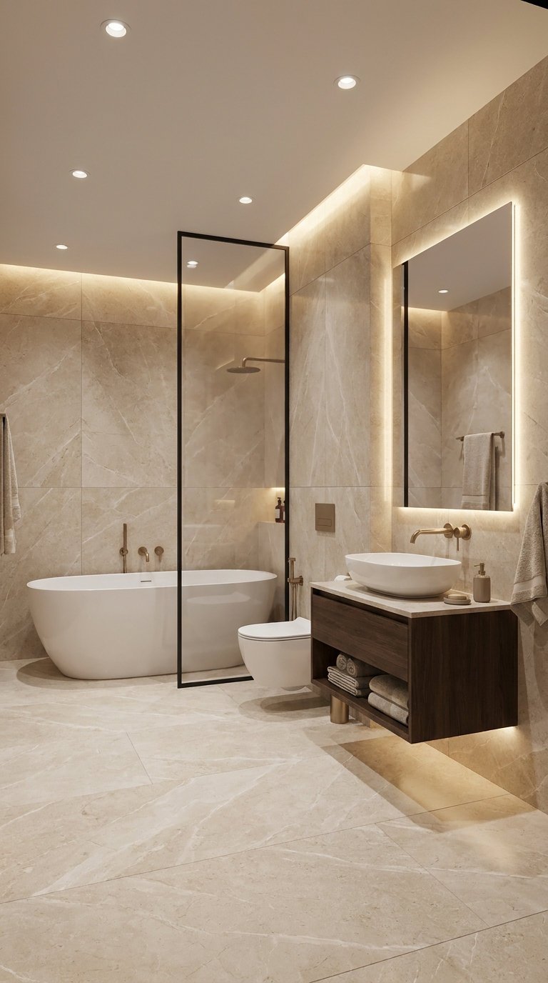 salle bain beige marbre bois