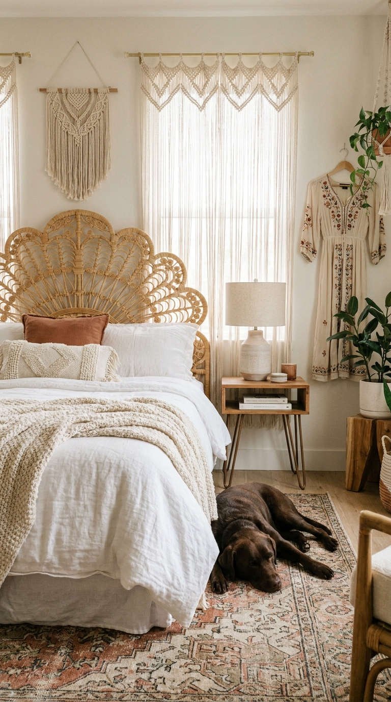 chambre rotin rideau macrame