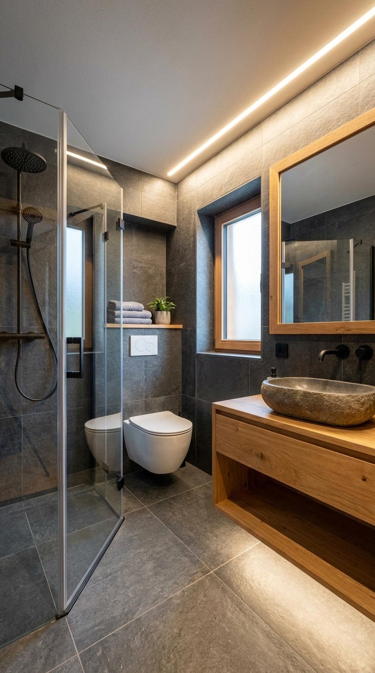 petite salle bain pierre bois