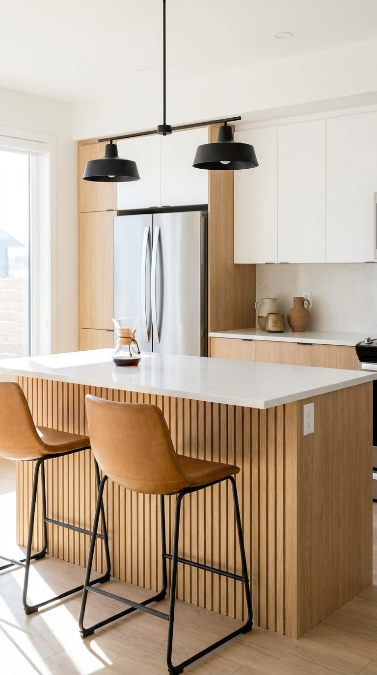 ilot bois rainure cuisine blanche