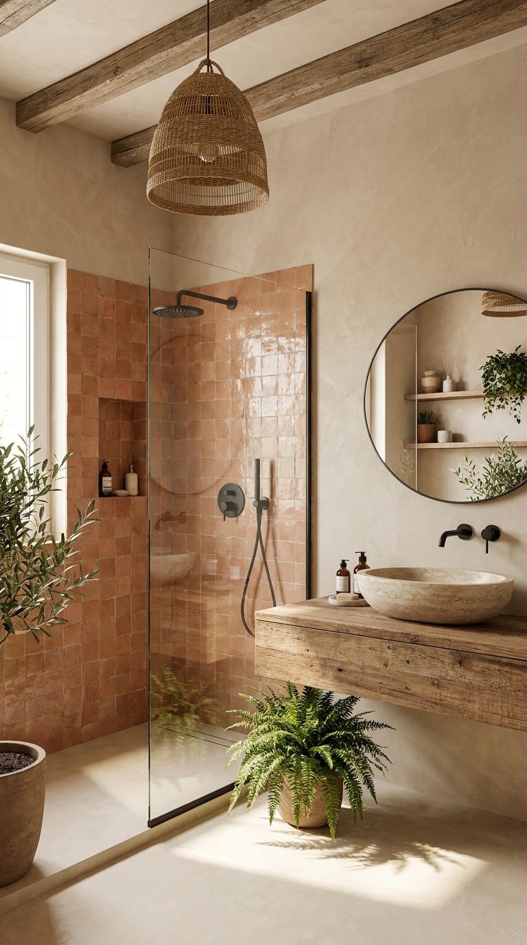 douche zellige terracotta bois brut