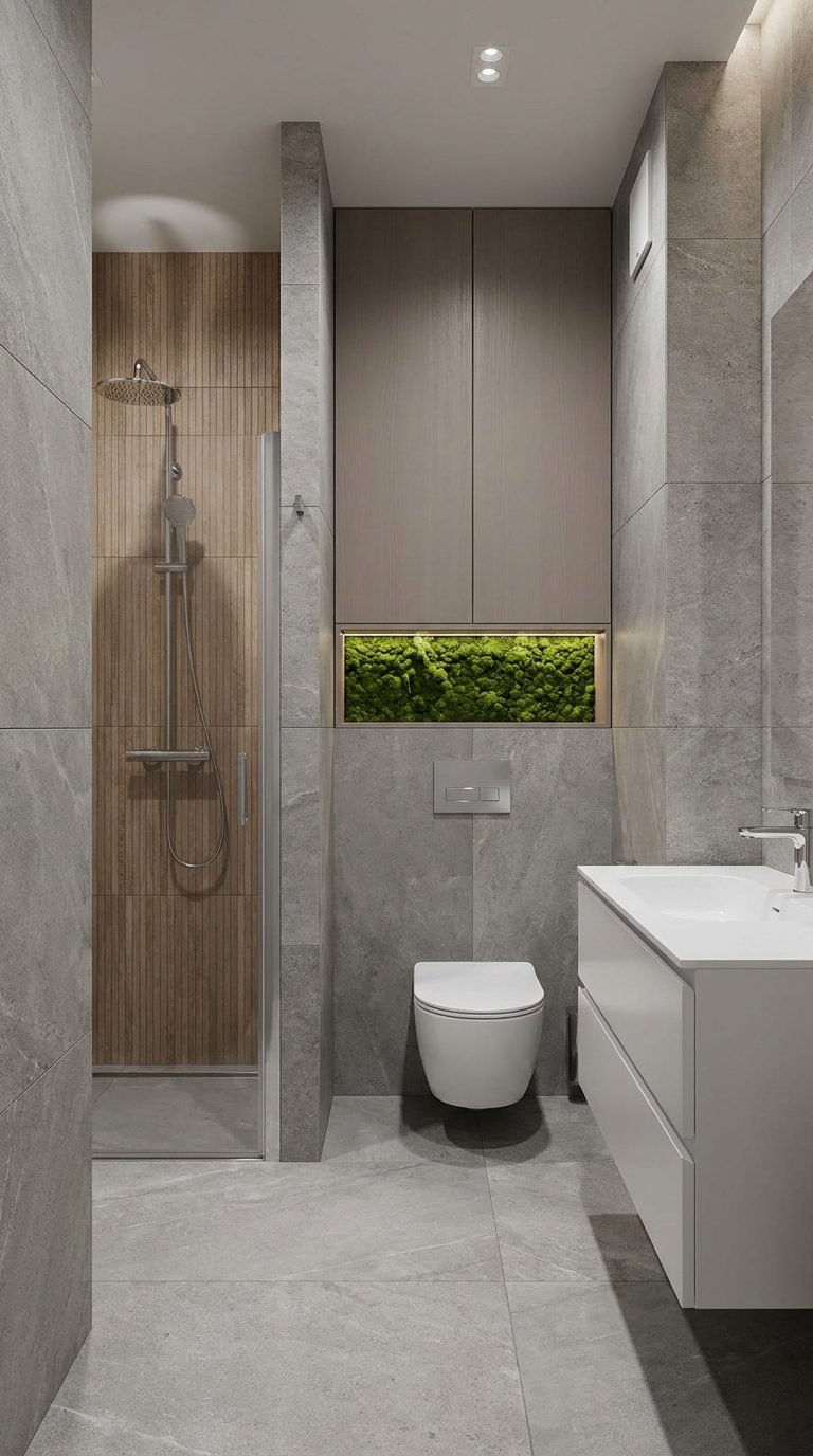 petite salle bain gris niche vegetale