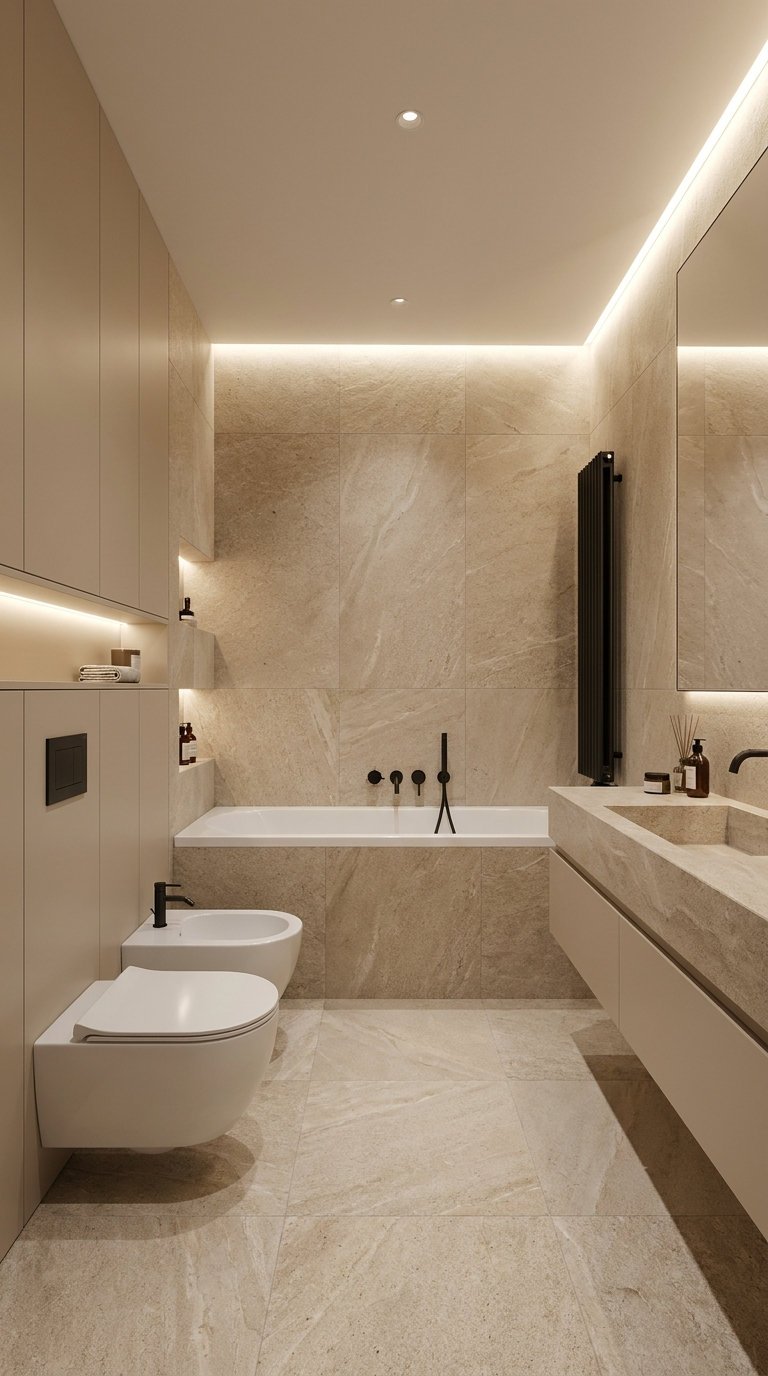 salle bain beige baignoire lineaire