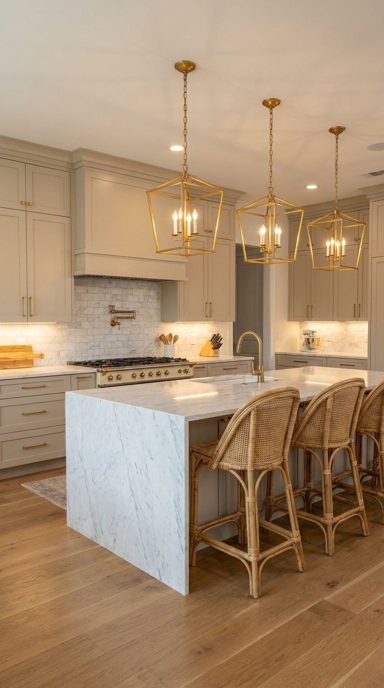 cuisine beige laiton marbre rotin