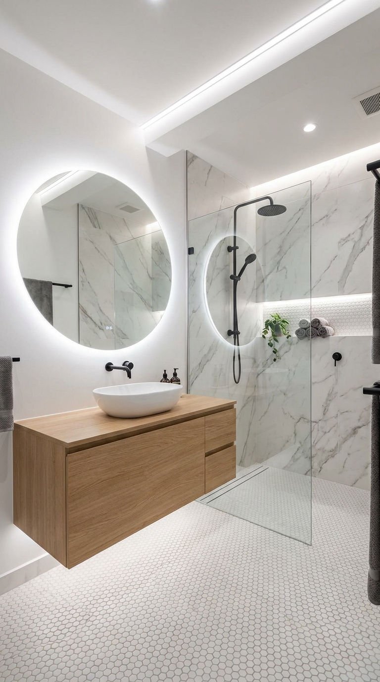 miroir lumineux douche marbre