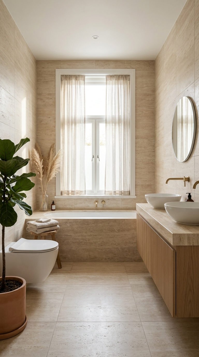 salle bain beige bois cannele
