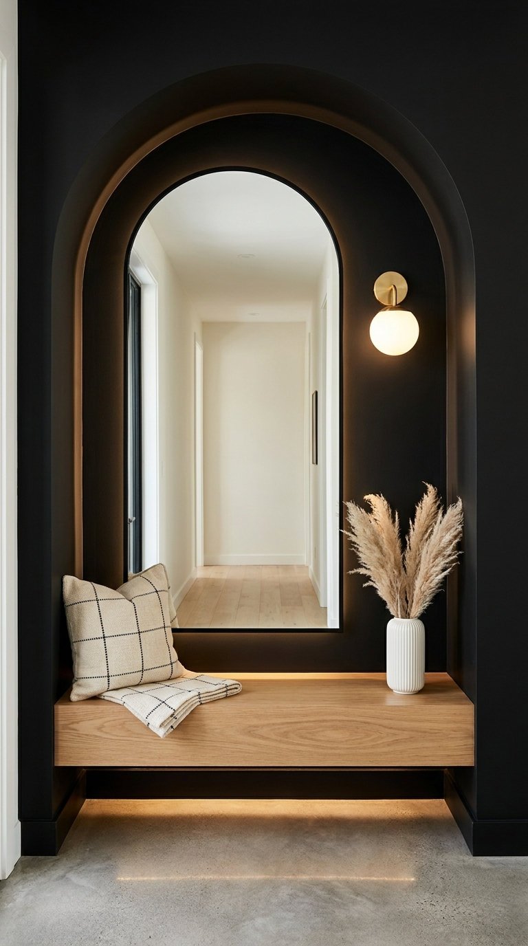miroir arche alcove noire banc