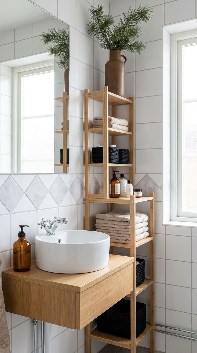 petite salle bain bois etagere