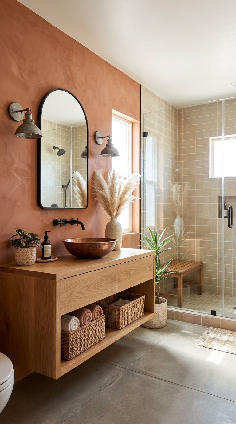 mur fauve meuble bois douche