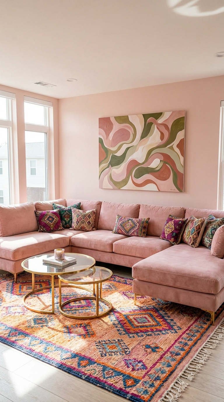 peinture salon rose boheme tapis