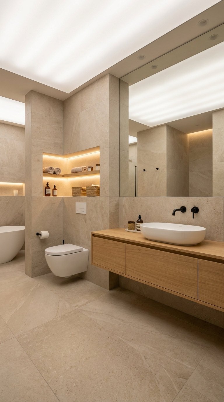 salle bain beige niche lumineuse