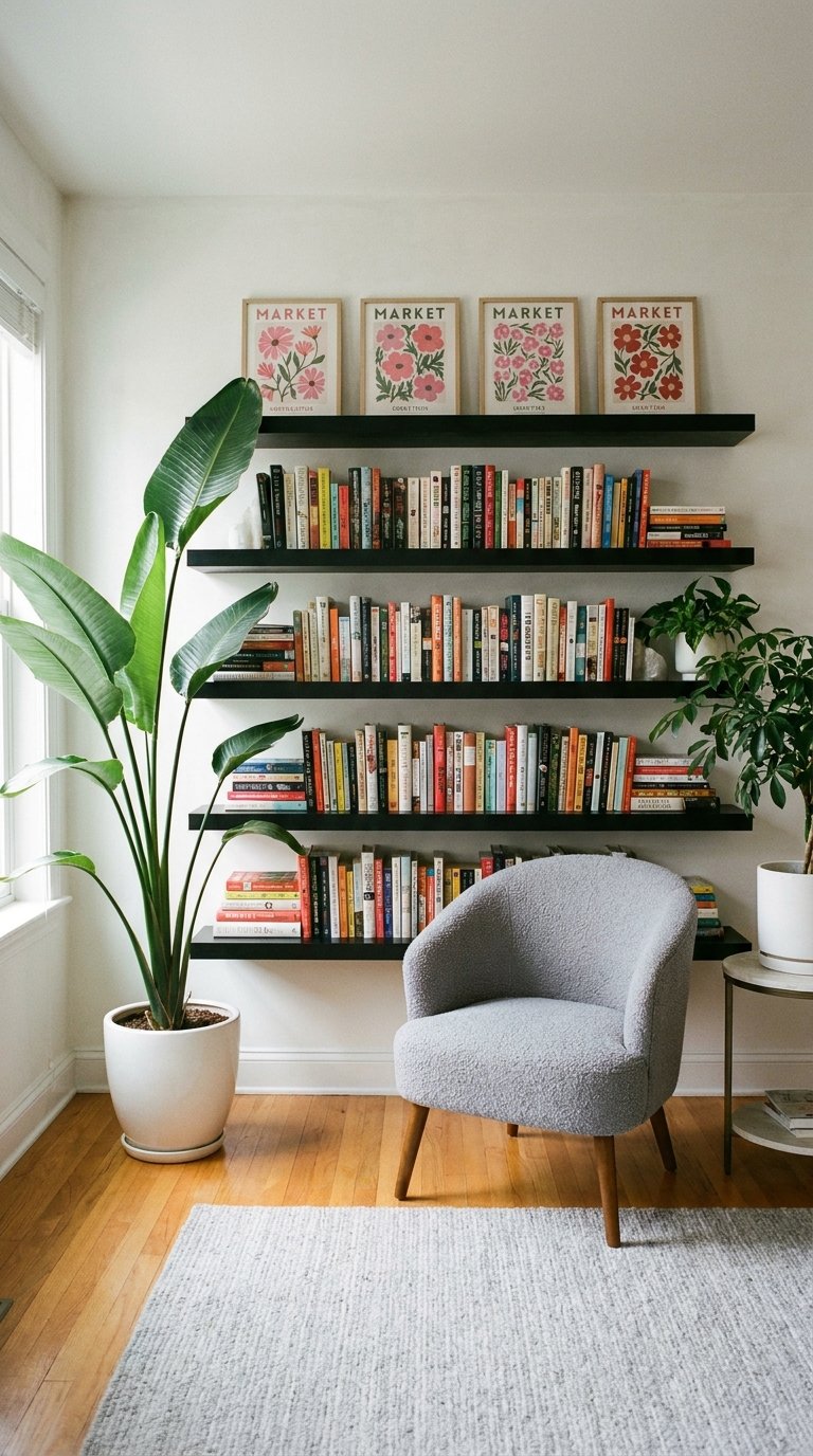 bibliotheque murale noire plantes fauteuil