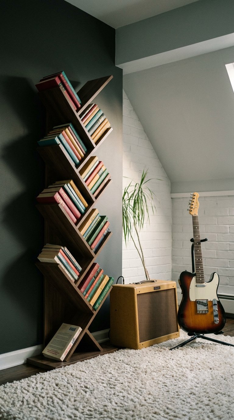 bibliotheque arbre bois guitare salon