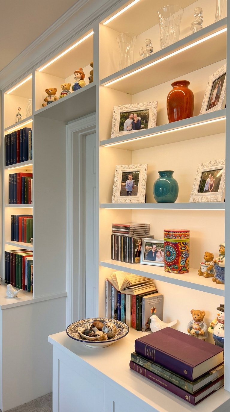 bibliotheque blanche eclairee souvenirs famille