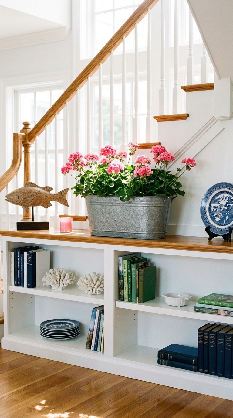 bibliotheque basse escalier fleurs decoration
