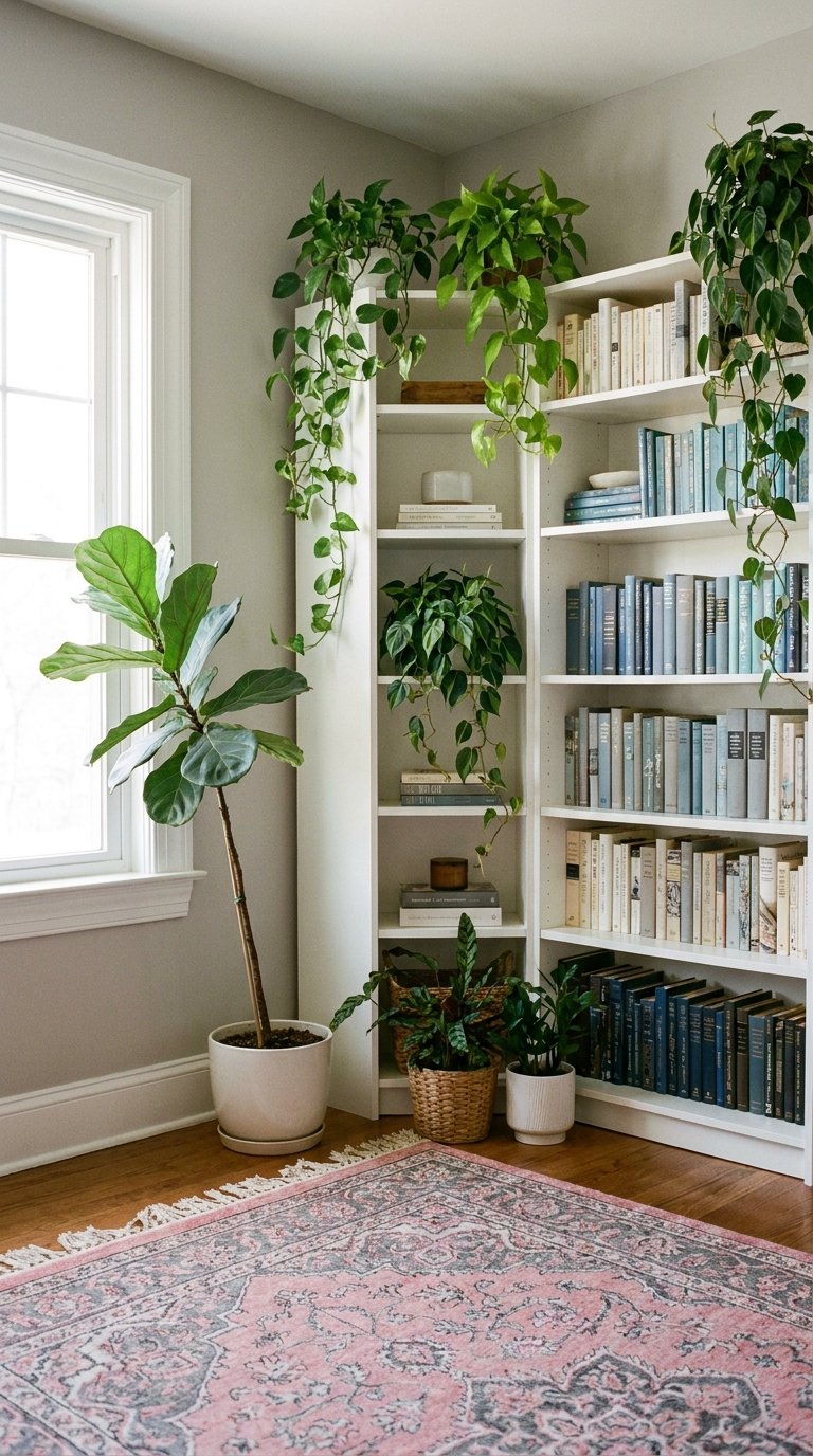 bibliotheque blanche plantes livres colores