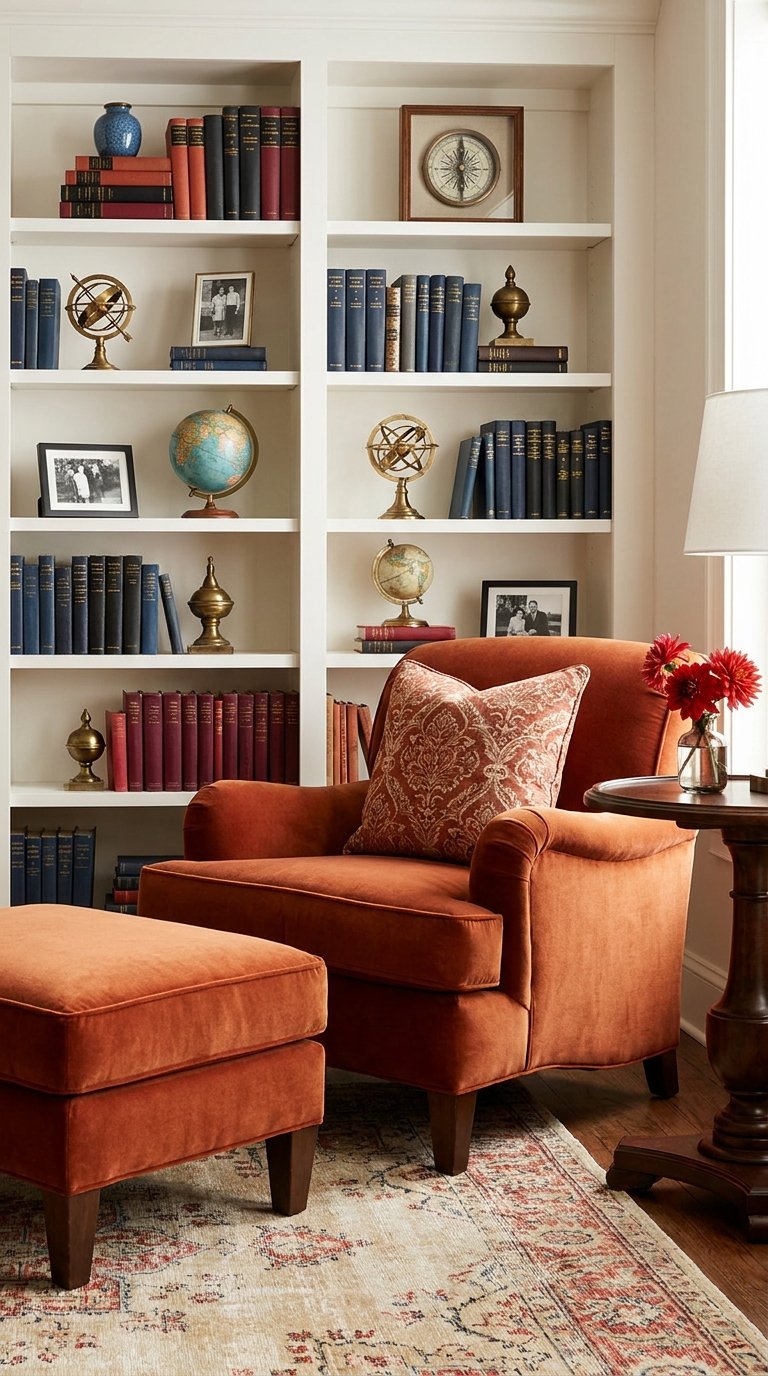 bibliotheque classique globes fauteuil rouille
