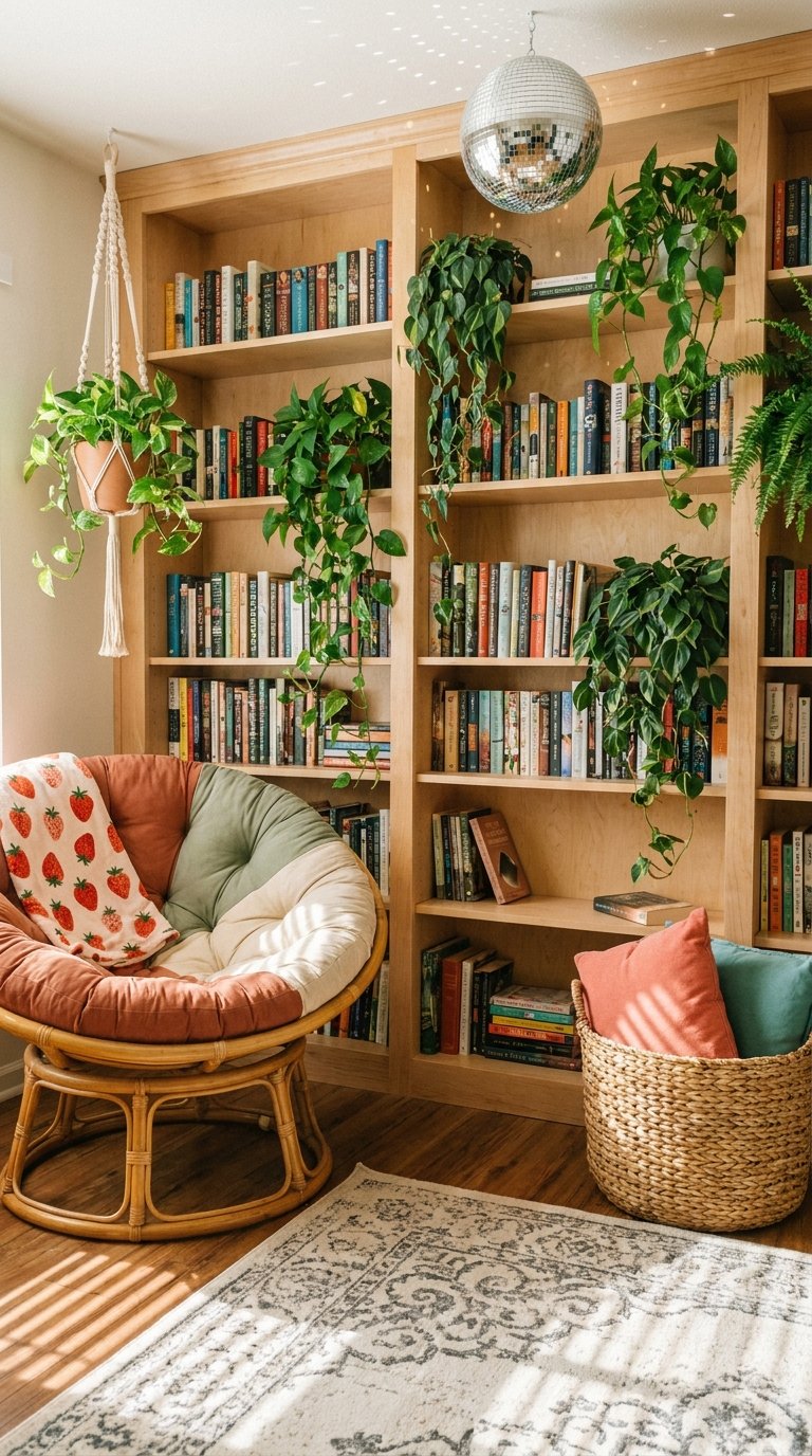 bibliotheque boheme plantes fauteuil papasan