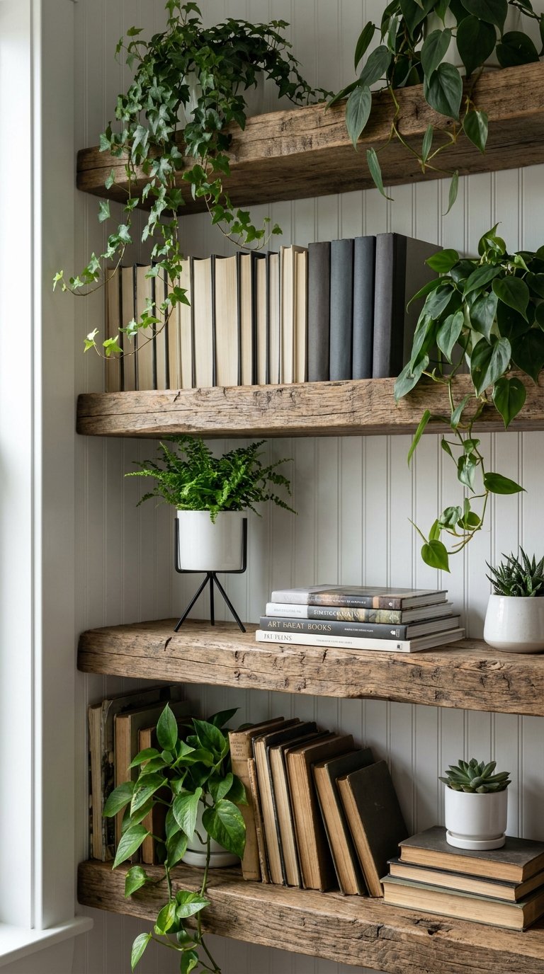 etageres rustiques bois plantes livres