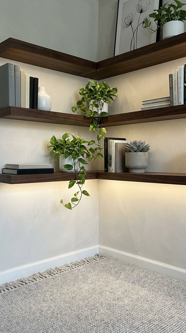 etageres angle noyer eclairage plantes