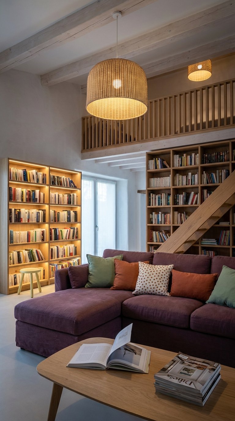 bibliotheques lumineuses mezzanine salon bois