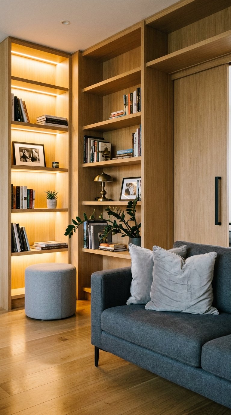 Bibliothèques intégrées en bois clair avec éclairage, livres et canapé gris