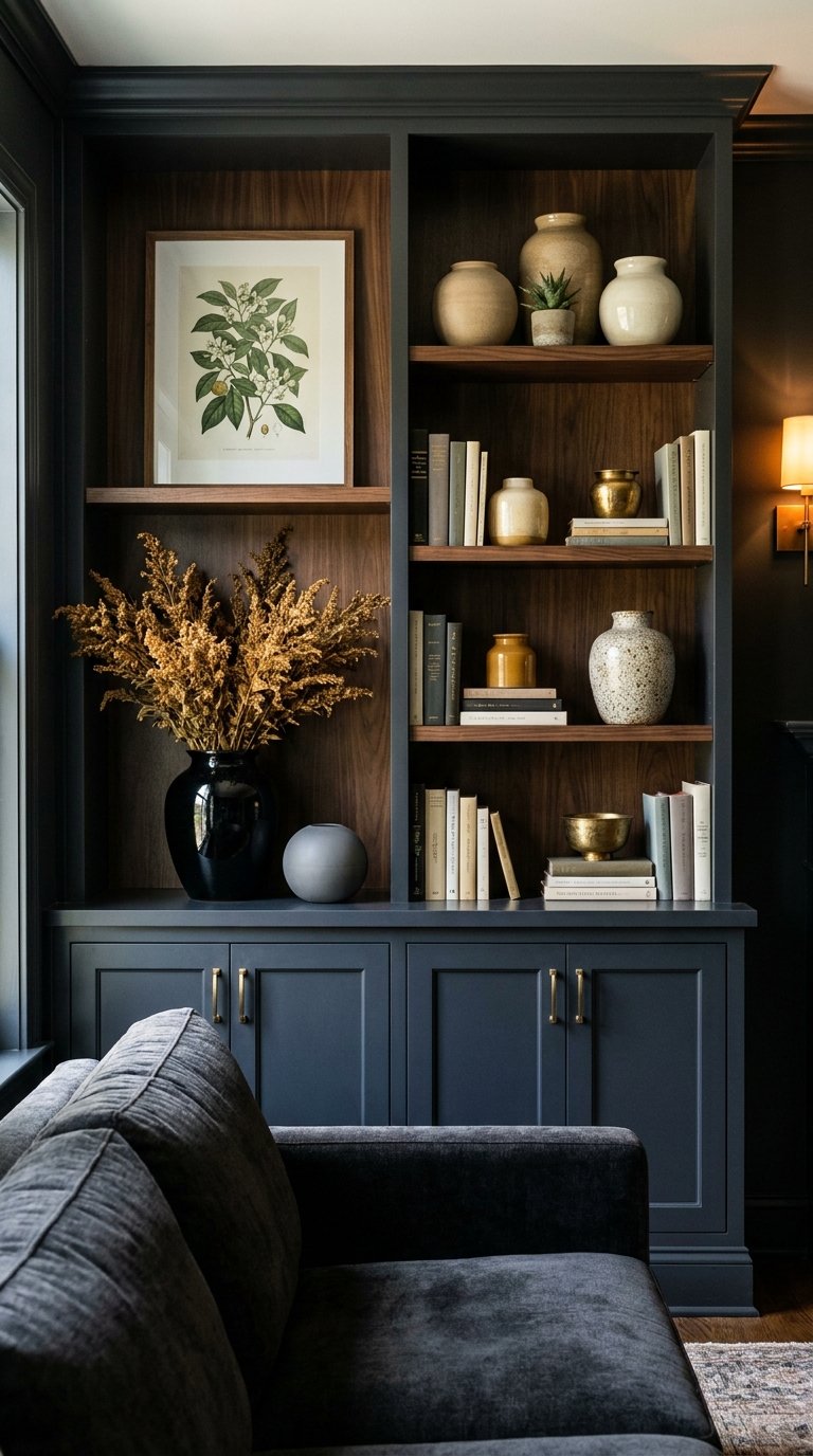 Bibliothèque anthracite à fond en bois décorée de livres, vases et illustration botanique