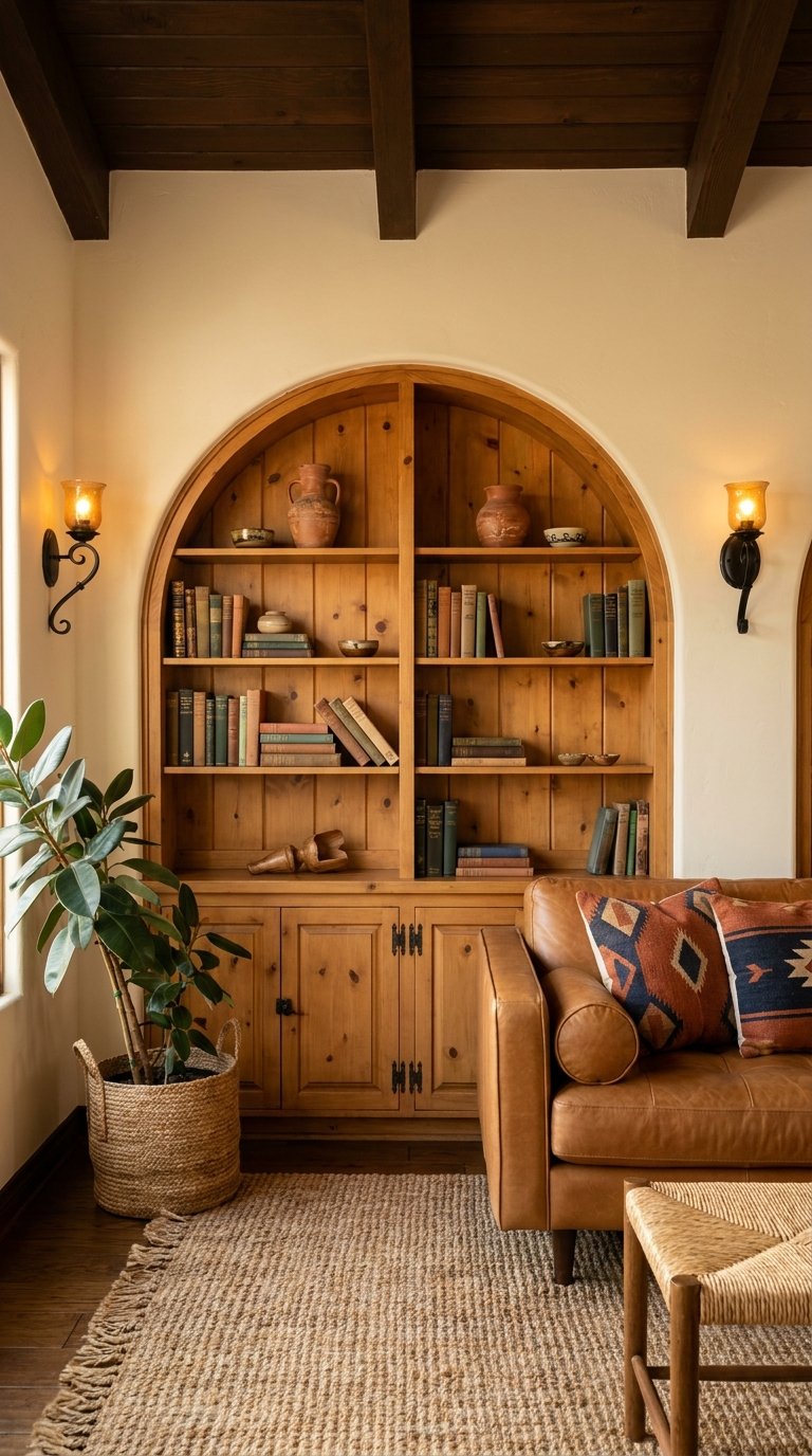 Bibliothèque en bois installée dans une niche arrondie près d’un canapé en cuir