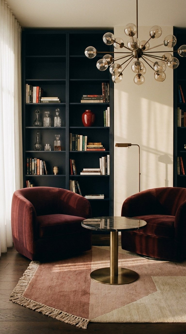 Deux fauteuils bordeaux devant des bibliothèques bleu nuit et un lustre à globes