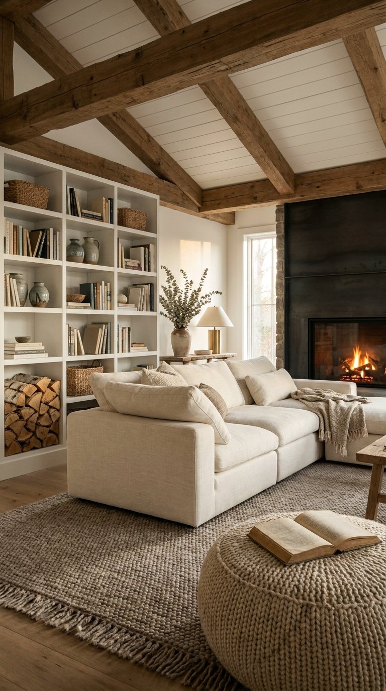 Bibliothèque blanche avec paniers et bois de chauffage dans un salon aux poutres apparentes