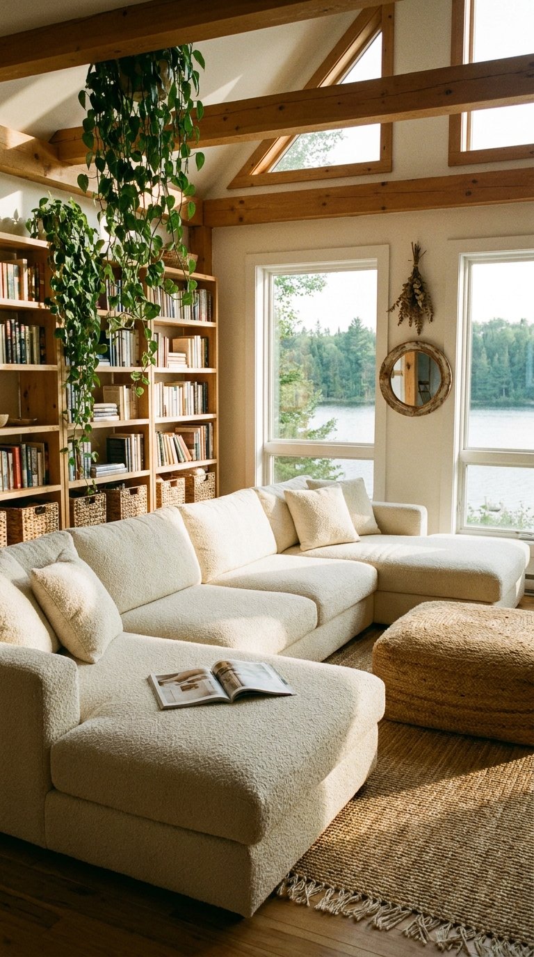 Grande bibliothèque en bois avec paniers et plantes dans un salon donnant sur un lac