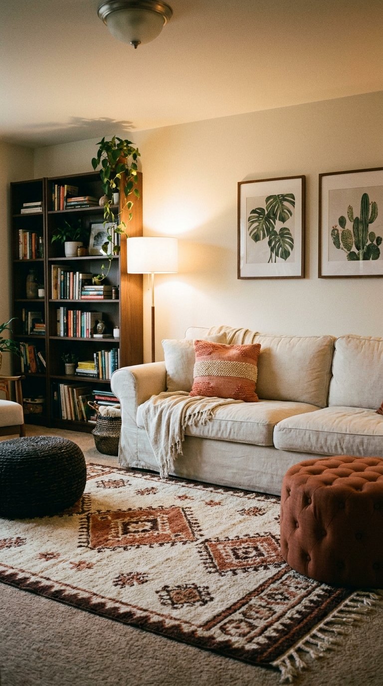 Bibliothèque sombre garnie de livres et de plantes près d’un canapé beige