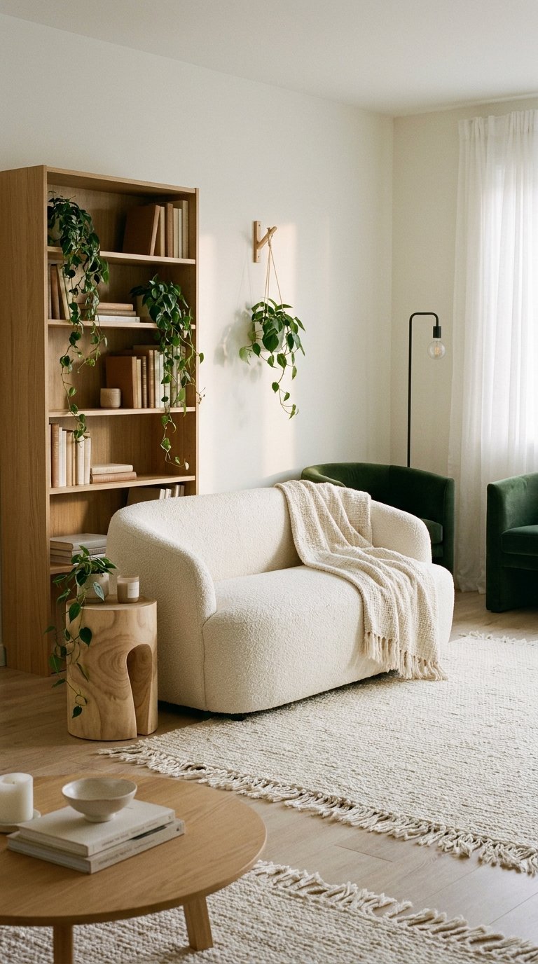 Bibliothèque en bois clair décorée de plantes près d’un fauteuil bouclé blanc