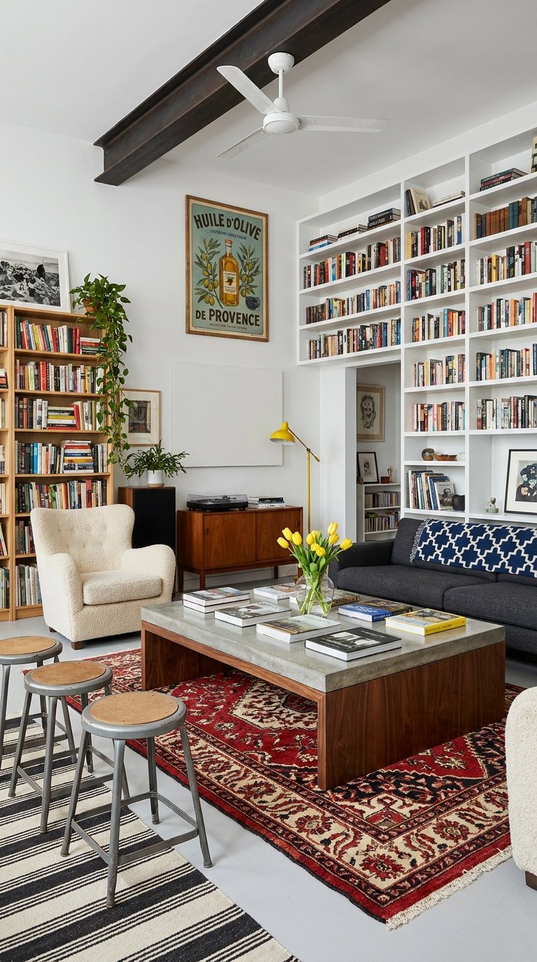 Salon éclectique avec bibliothèques blanches et en bois remplies de livres