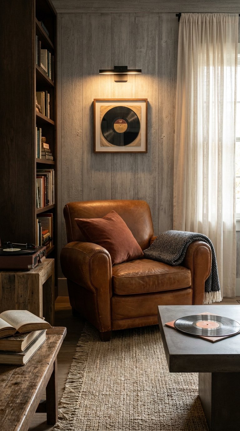 Fauteuil en cuir brun près d’une bibliothèque sombre et d’un tourne-disque